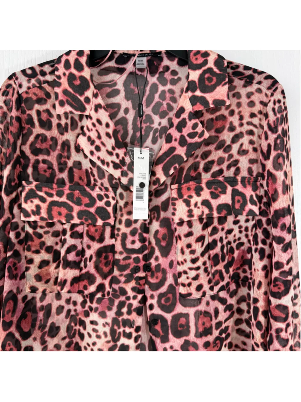 Women's Tahari Blouse Size M Pink Black Leopard Print Long Sleeve Button Down